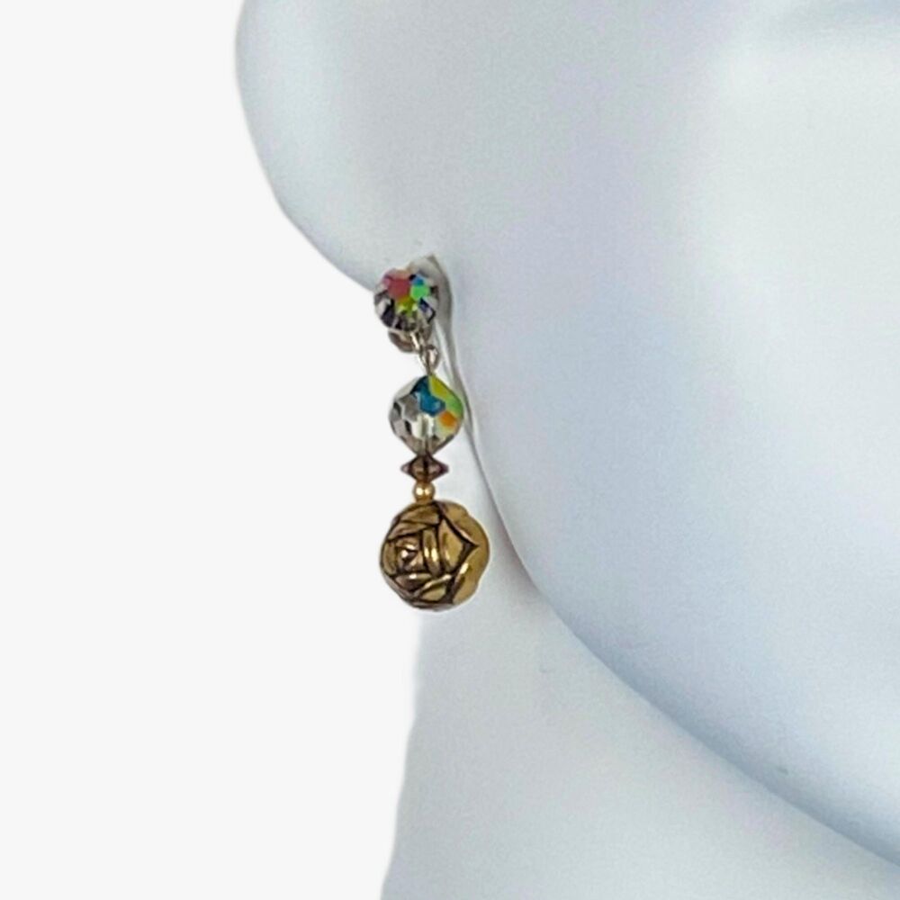 Vintage Gold-Tone Rose Bead Earrings Screw-On Dangle With Aurora Borealis Beads